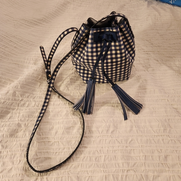 J Crew gingham blue bucket 100% leather shoulder crossbody bag - Picture 13 of 14